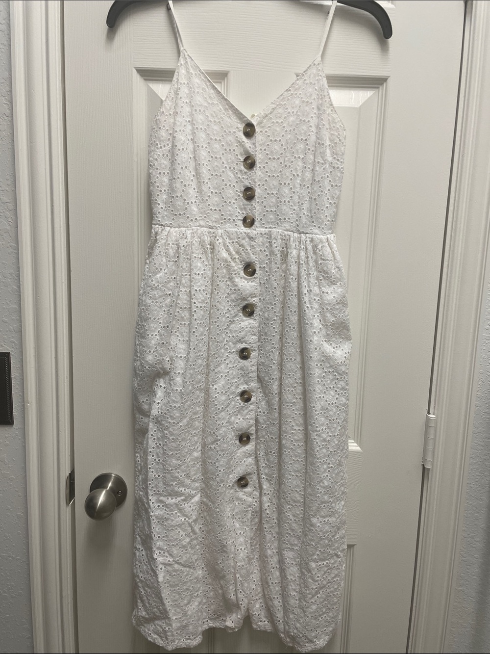 Japna White Eyelet Button-Front Midi Dress